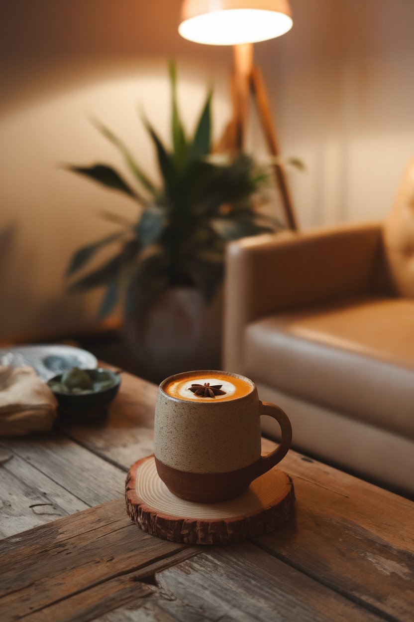 Indoor evening scene with warm turmeric latte in stoneware mug, star anise floating, no logos.