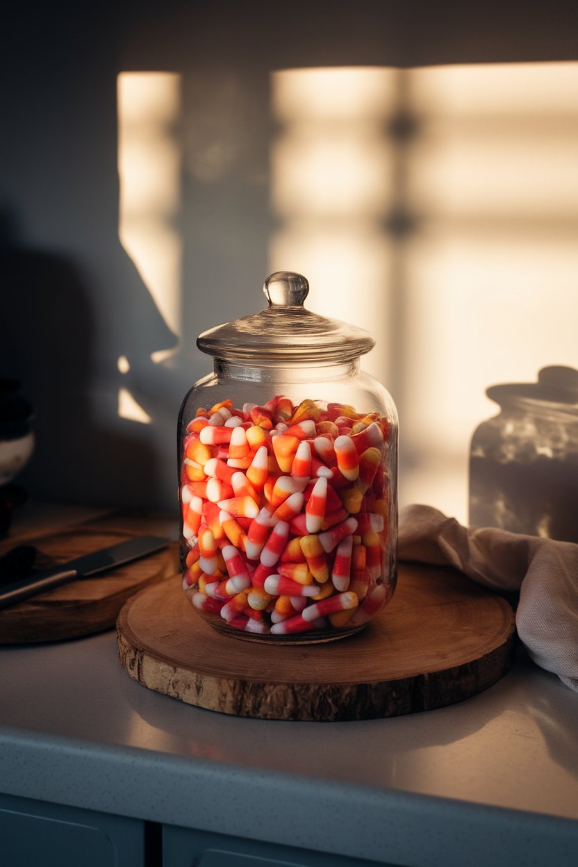 A glass jar filled with pink, white, and red candy corn, placed on an indoor countertop with soft lighting. No logos visible.