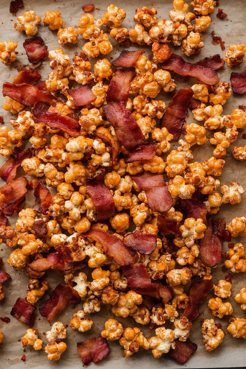 Indoor photo of caramel corn mixed with bacon shards and red pepper flakes, spread on a baking sheet. No text or logos present.