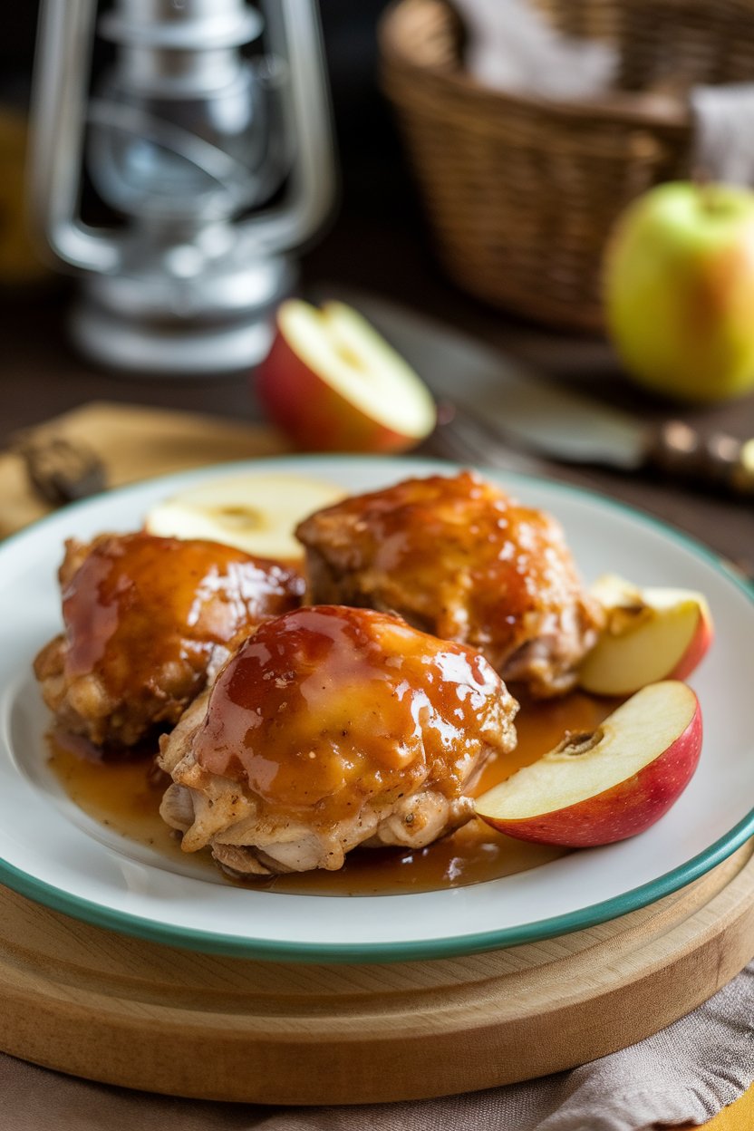 Indoor plate featuring chicken thighs coated in glossy apple-cider glaze, roasted apple wedges on the side. Photo only.