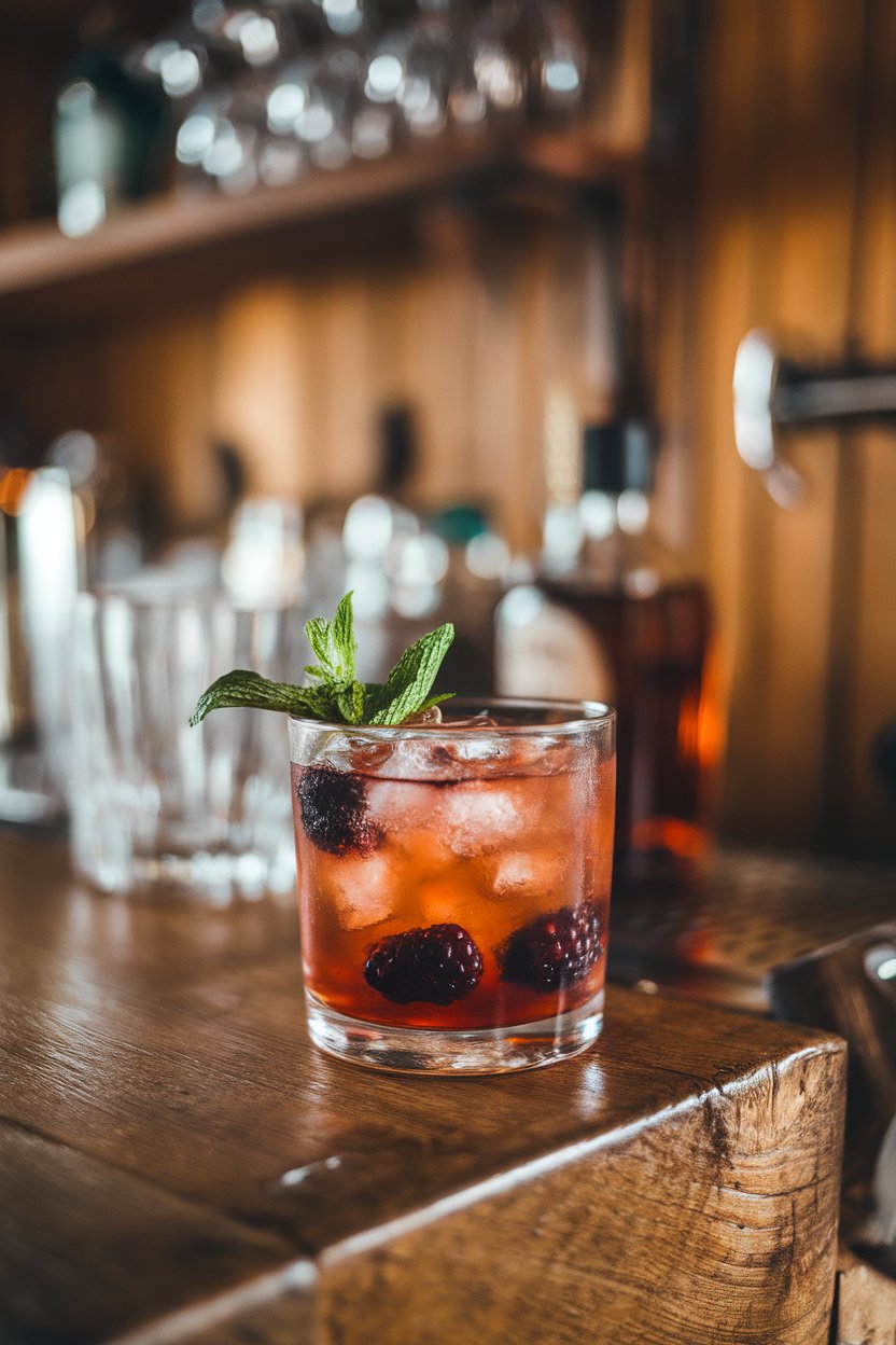 Photo of a rocks glass indoors muddled with blackberry pieces, bourbon cocktail over crushed ice, mint sprig garnish, rustic wooden bar, no text or logos