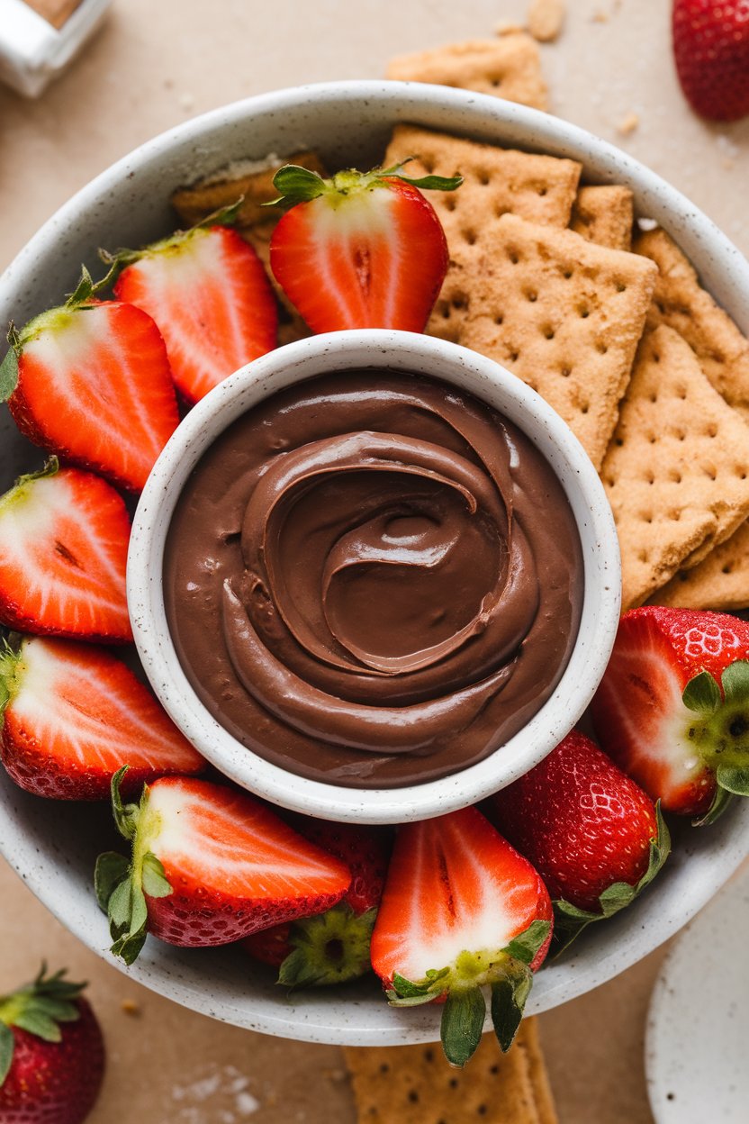 Indoor photo of a bowl of silky chocolate dip surrounded by fresh strawberry halves and graham crackers. No logos or text visible.