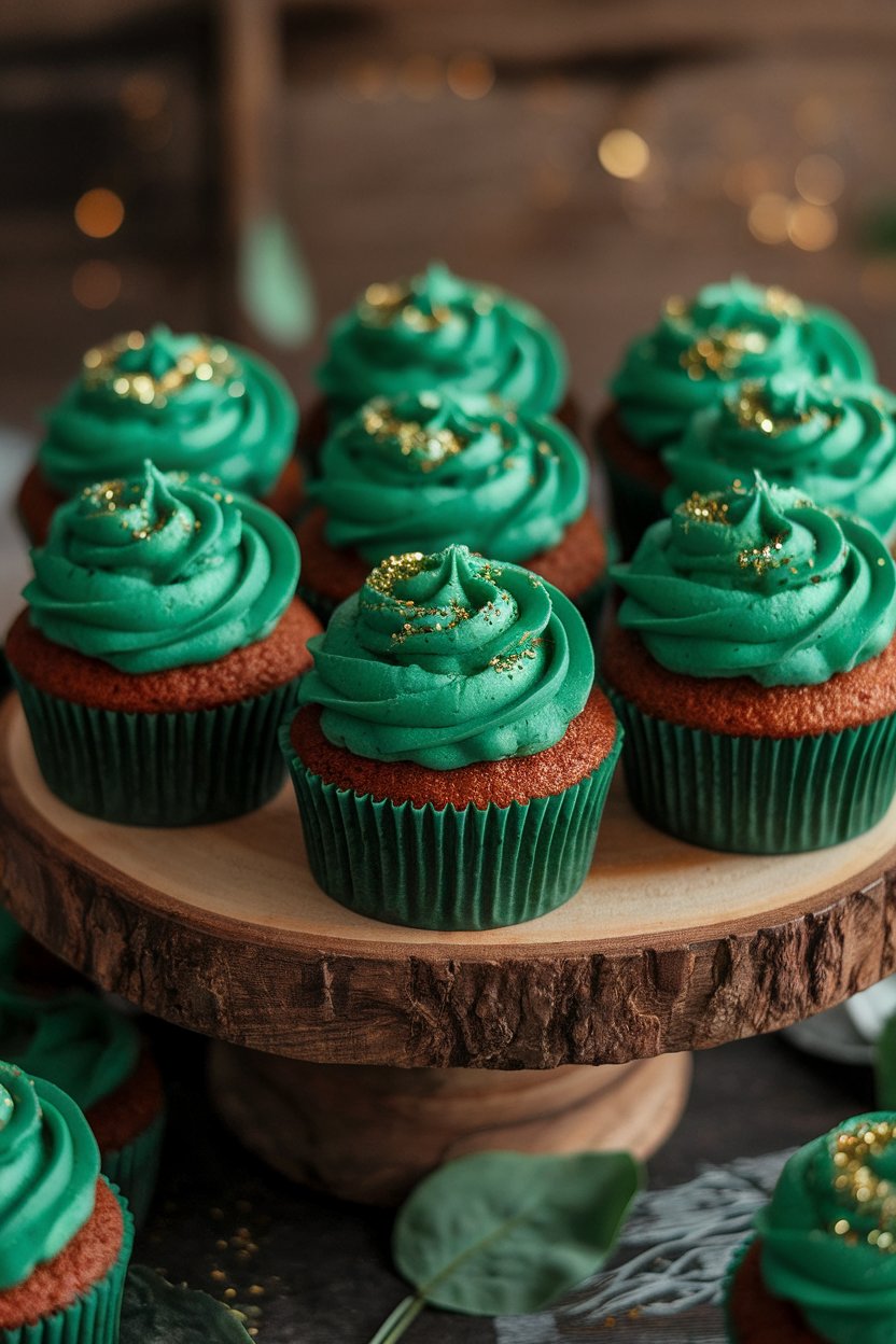 Photo of vibrant emerald cupcakes topped with cream cheese frosting and a dusting of edible gold glitter, indoor environment, no text or logos