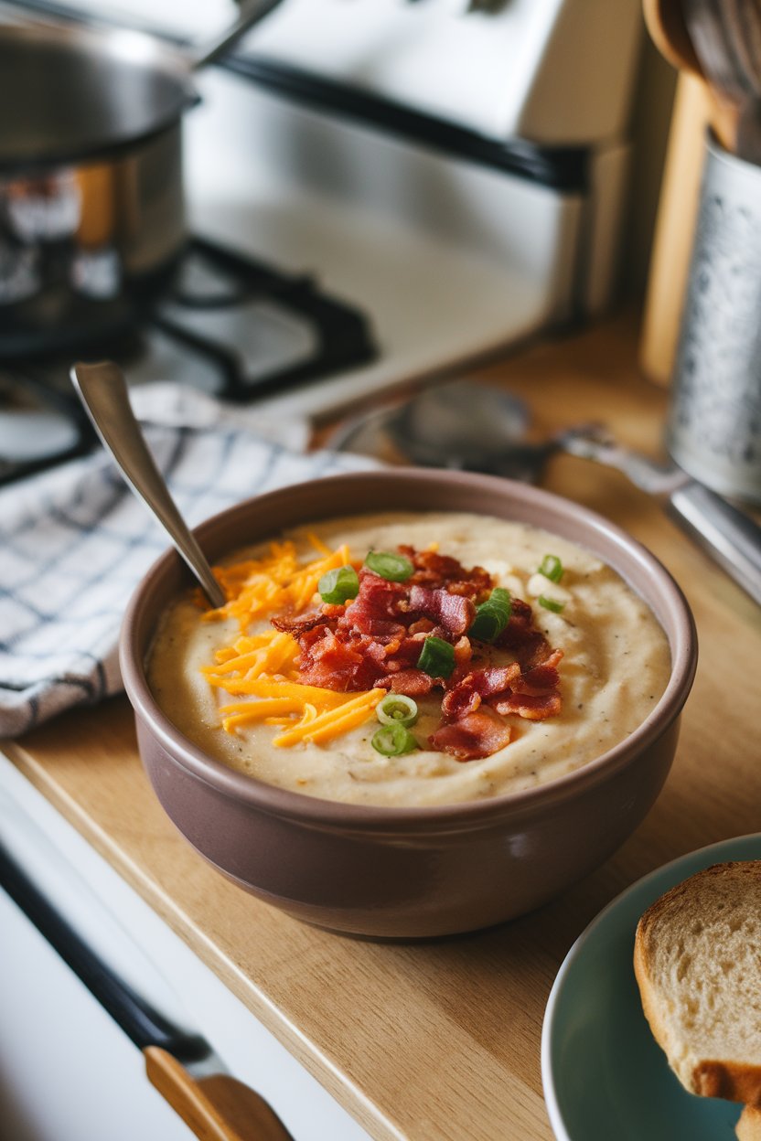 Indoor kitchen scene featuring a bowl of thick potato soup topped with shredded cheddar, chopped bacon, and sliced green onions, steam gently rising. No text or logos. Photo.