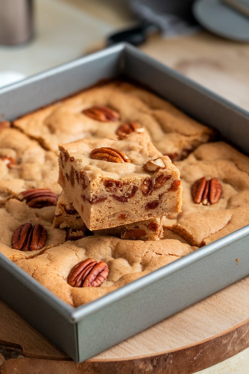 Indoor square baking pan with blondies, some pieces lifted to show chewy center and pecan bits. No text or logos; photo only.