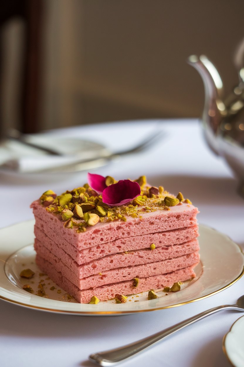 Soft-pink pancake square with crushed pistachios on top and a few edible rose petals for garnish, indoor afternoon tea setting, no text or logos.