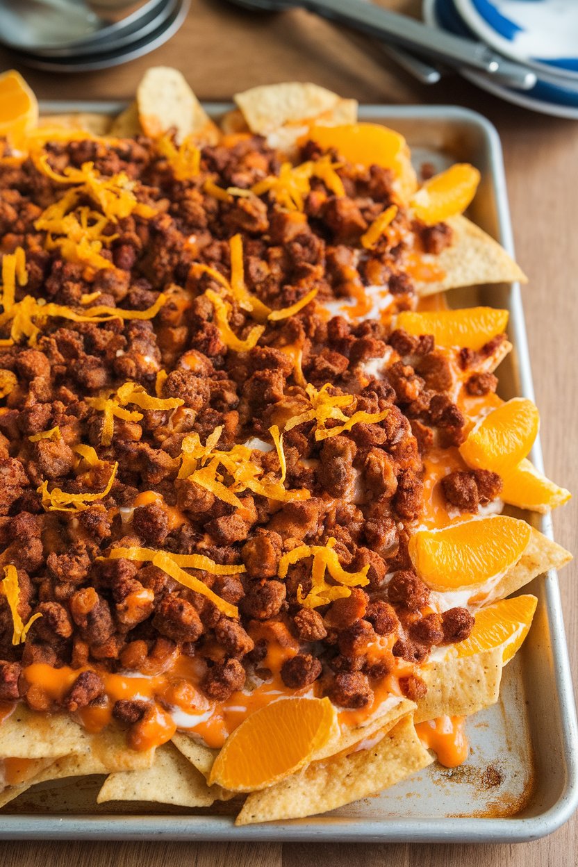 Sheet pan indoors with nachos covered in saucy tempeh crumbles, vegan cheese, and orange zest; no text or logos, photo not illustration.
