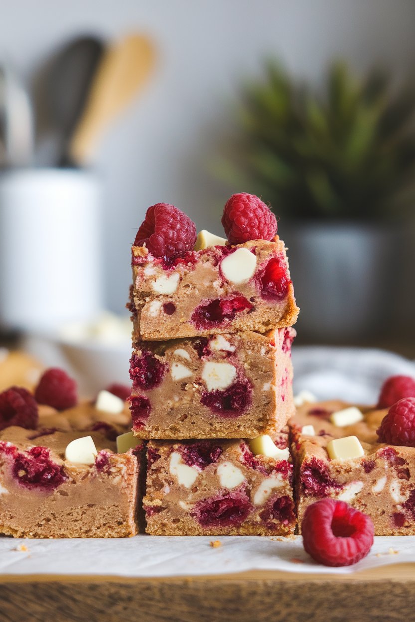 An indoor countertop with thick blondie squares studded with raspberries and white chocolate chunks, stacked casually. Photo, no text or logos.