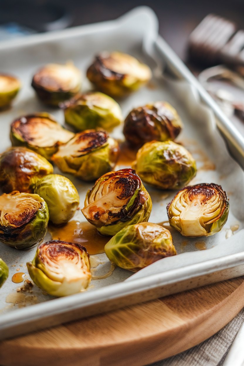 Photo of caramelized Brussels sprouts on a parchment-lined tray with a light honey-mustard glaze, shot indoors. No text or logos.