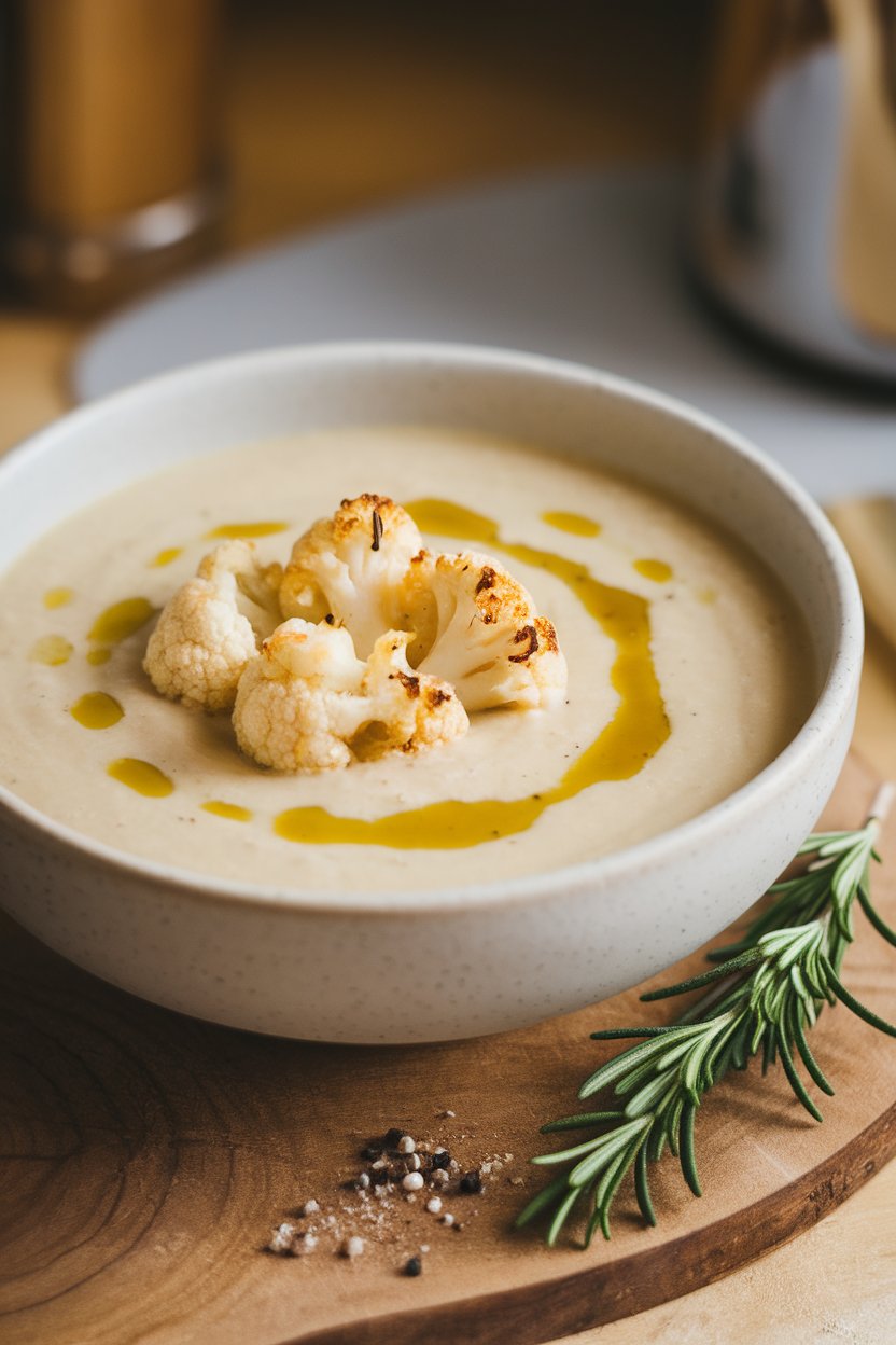 Soft indoor lighting on a bowl of pale, creamy cauliflower soup topped with a drizzle of olive oil and roasted cauliflower florets. No text or logos. Photo.