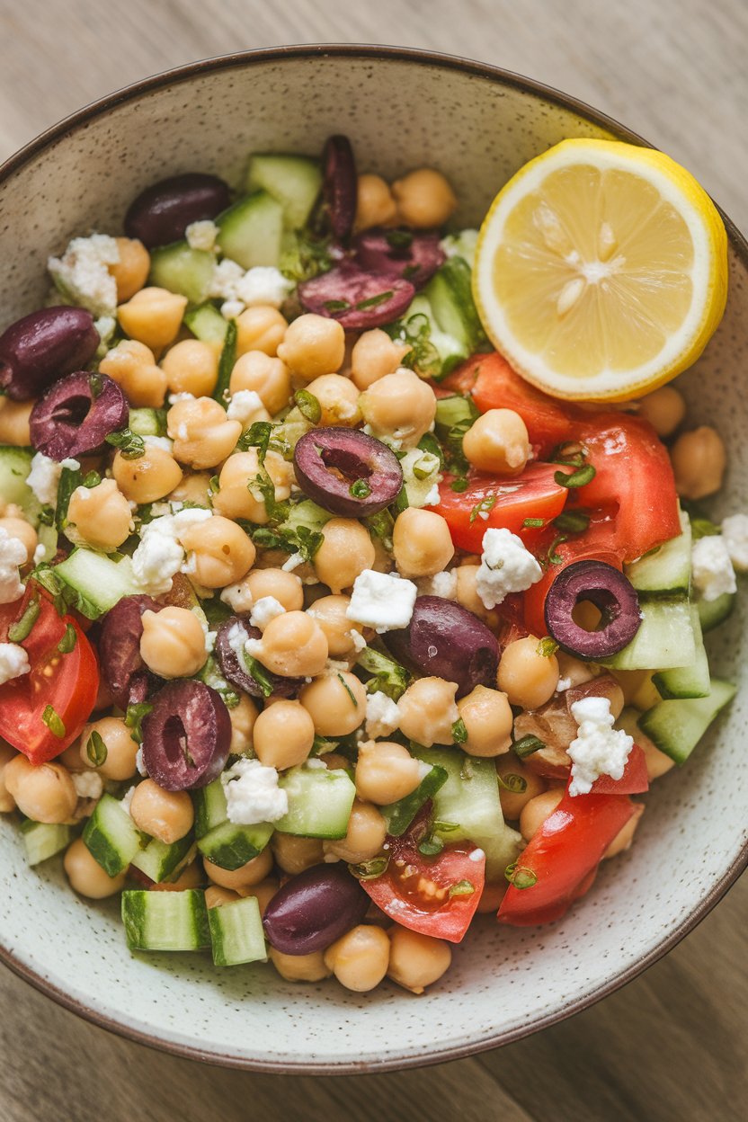 An indoor shallow bowl holding a colorful salad of chickpeas, cucumber, tomato, olives, and feta, lemon wedge on the rim. No text or logos. Photo, not illustration.
