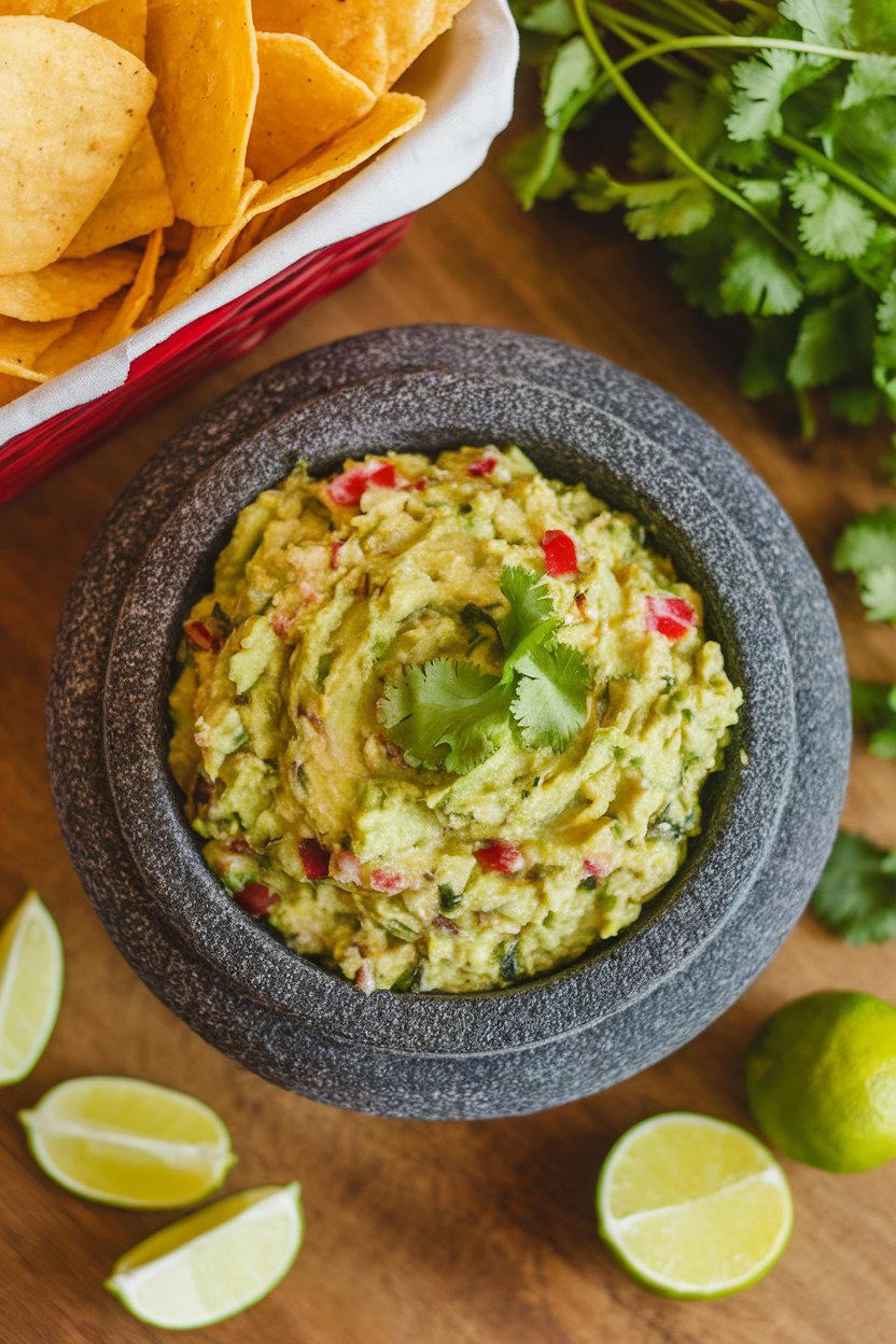 An indoor overhead shot of a stone molcajete filled with chunky guacamole, lime wedges and cilantro leaves scattered nearby, with a basket of tortilla chips alongside. No text or logos. Photo, not illustration.