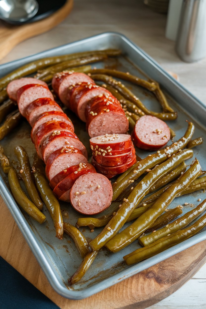 Metal sheet pan indoors holding sliced smoked sausage, glossy green beans, and a sticky honey-garlic glaze. No text or logos.