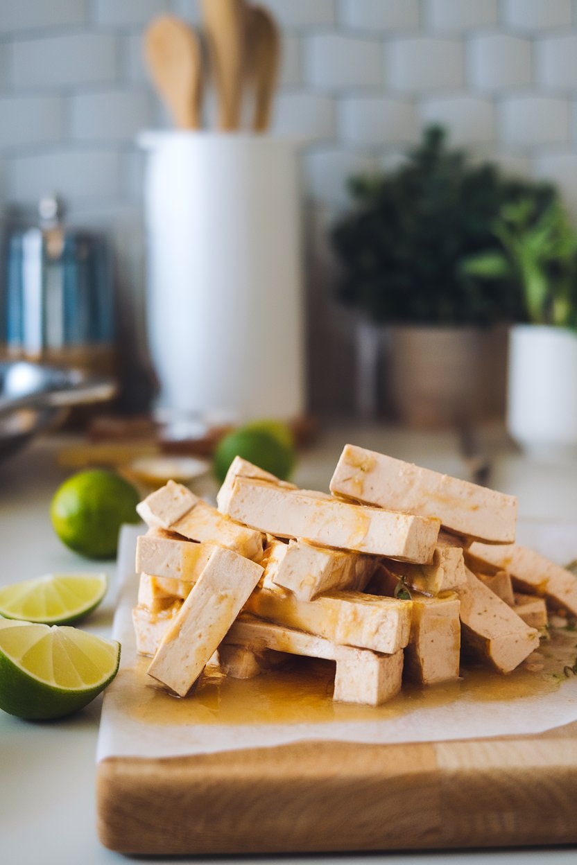 Photo prompt: Indoor kitchen counter with tofu strips marinating in a light amber beer-lime mix, lime wedges present. No text or logos.
