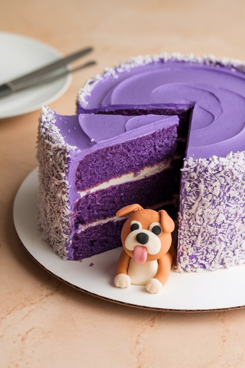 An indoor cake plate with a vivid purple ube cake slice leaning, white coconut frosting outside, small fondant dog mascot at base—no text or logos.