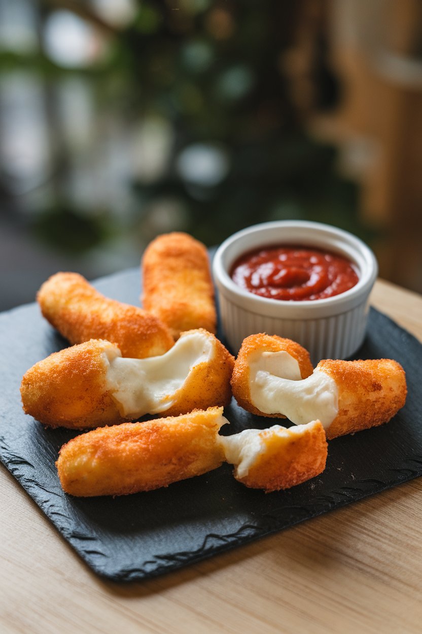 Photo of mozzarella sticks with stretchy cheese pull, placed indoors on a slate platter with a ramekin of marinara, no text or logos