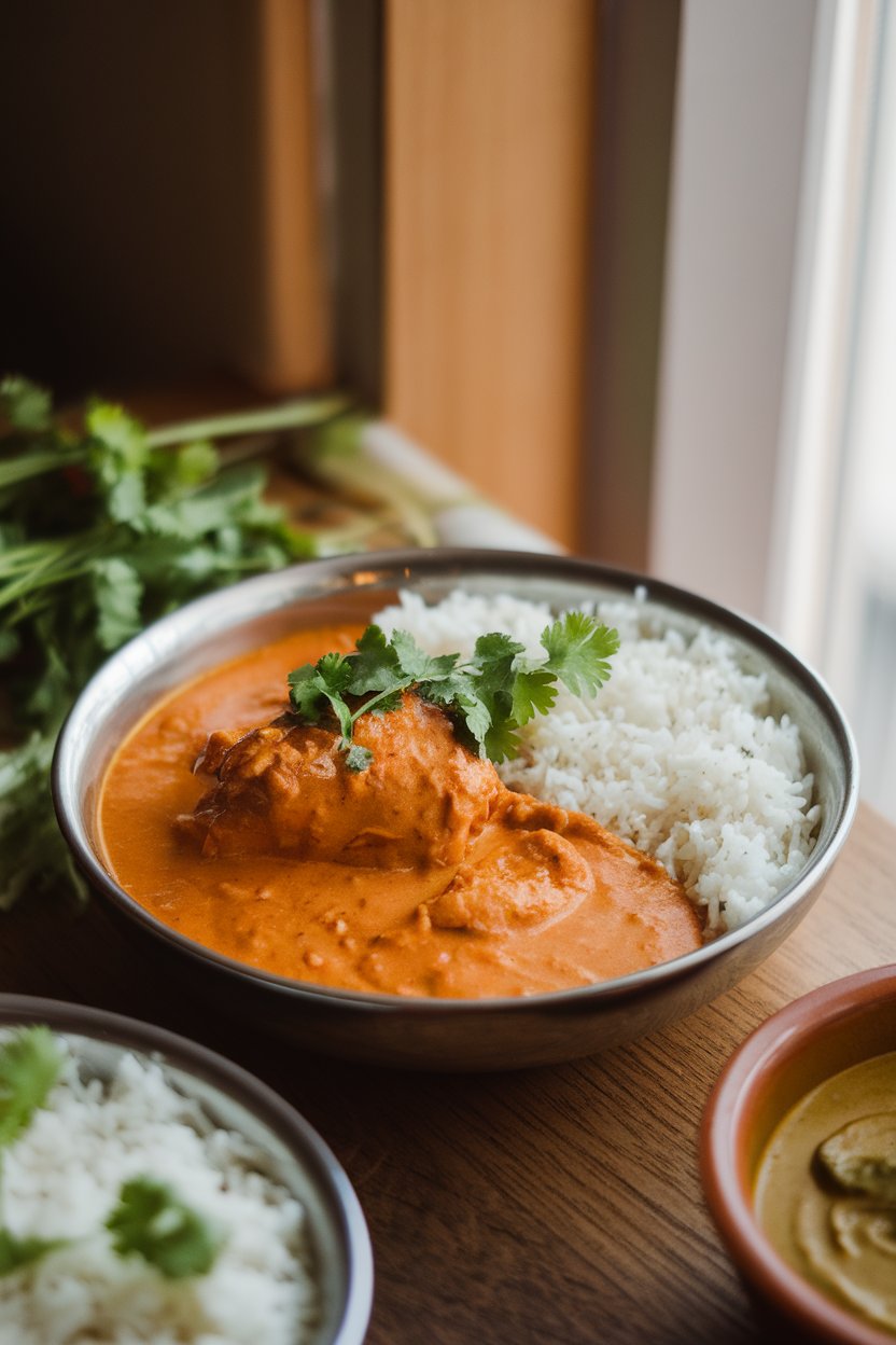 A warmly lit indoor table displaying a bowl of creamy orange chicken tikka masala beside fluffy basmati rice. Fresh cilantro sprinkled on top; no text or logos. Photo, not illustration.