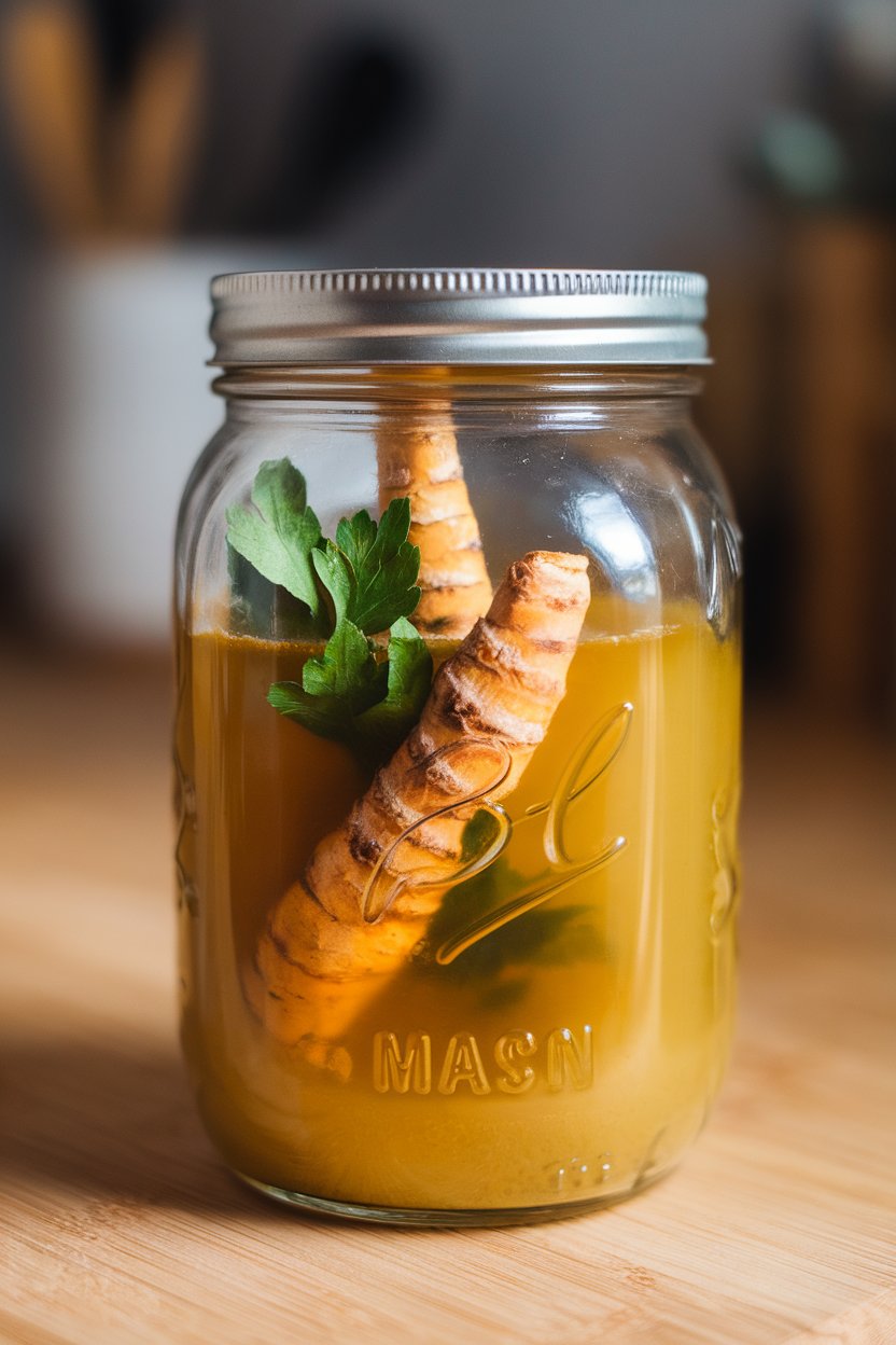 Indoor mason jar of golden chicken bone broth with turmeric root and parsley sprig. No text or logos.