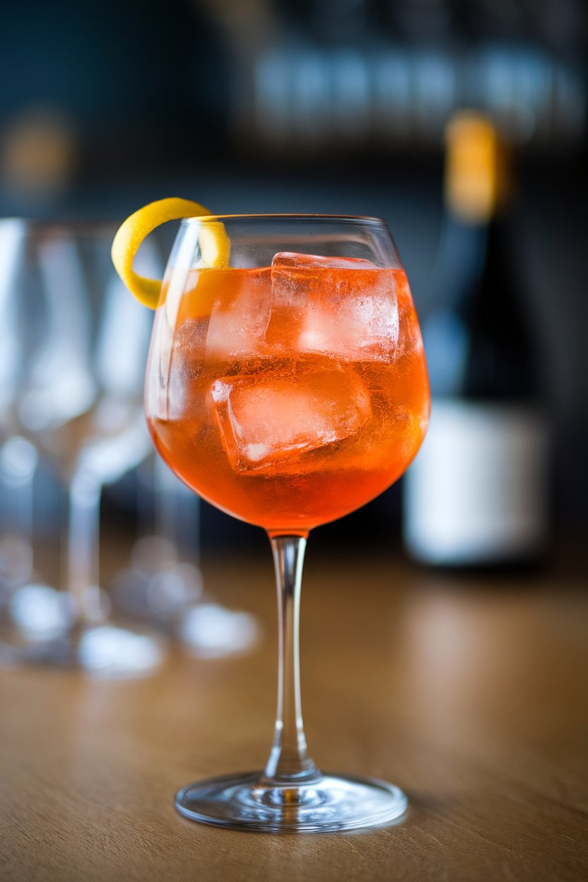 Indoor bar photo of a stemmed wine glass with bright orange spritz, big ice cubes, and lemon twist; no text or logos visible.