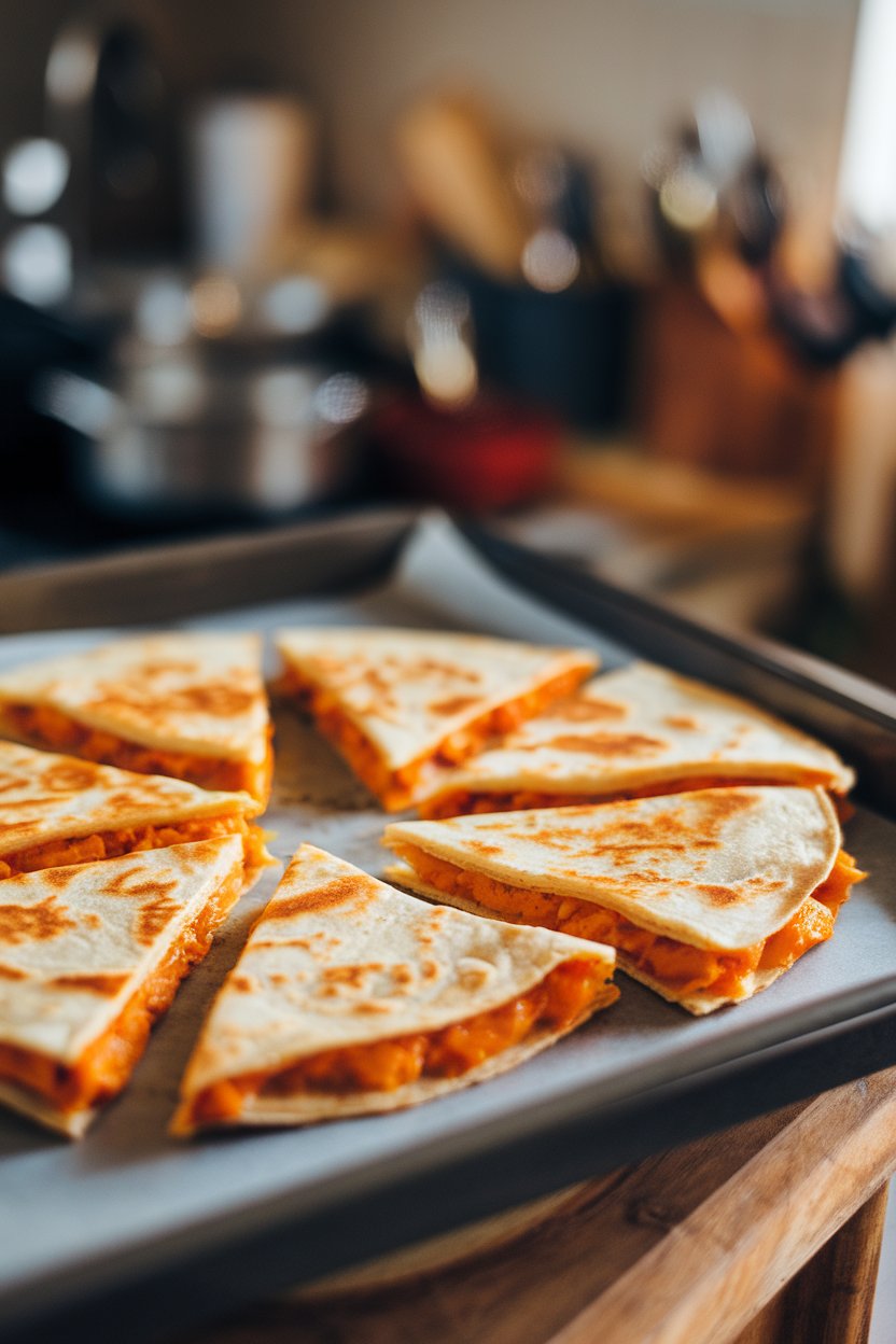 Photo of sweet-potato quesadilla wedges on a baking tray, orange filling visible, indoor lighting, no text or logos.
