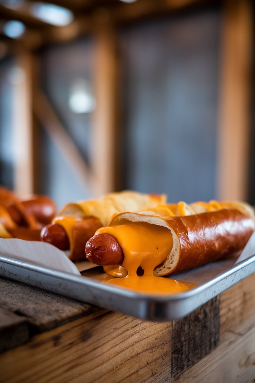 An indoor tray of pretzel-wrapped hot dogs oozing melted Pepper Jack from one end, photographed at a slight angle—no text or logos. Photo, not illustration.
