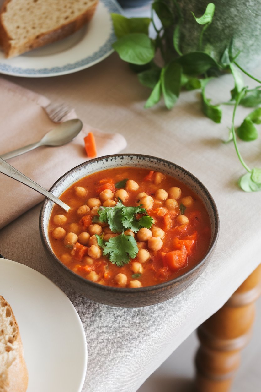 Indoor table scene with a bowl of spiced chickpea soup—tomato base, chickpeas, diced carrots, and cilantro on top. No text or logos. Photo.