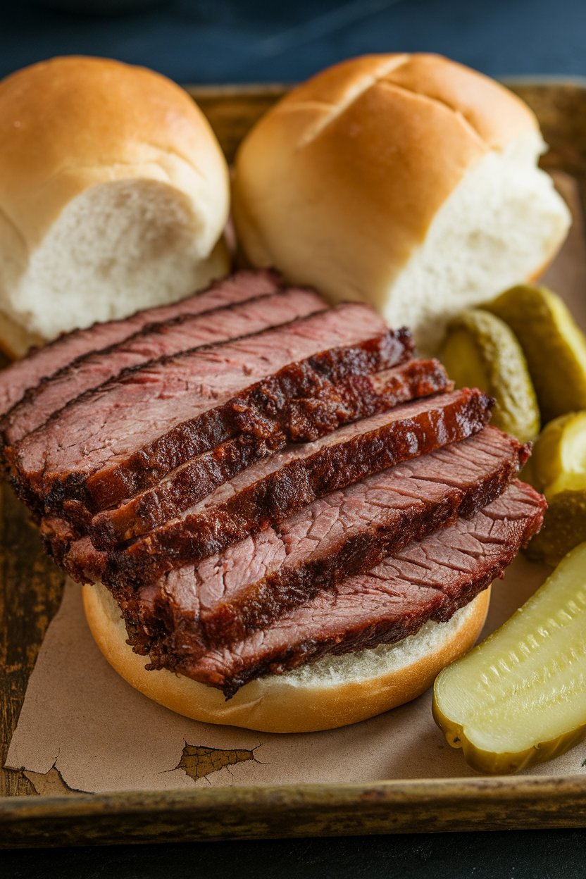 Indoor photo of sliced smoked brisket piled onto soft buns with a side of pickles on a tray; no text or logos