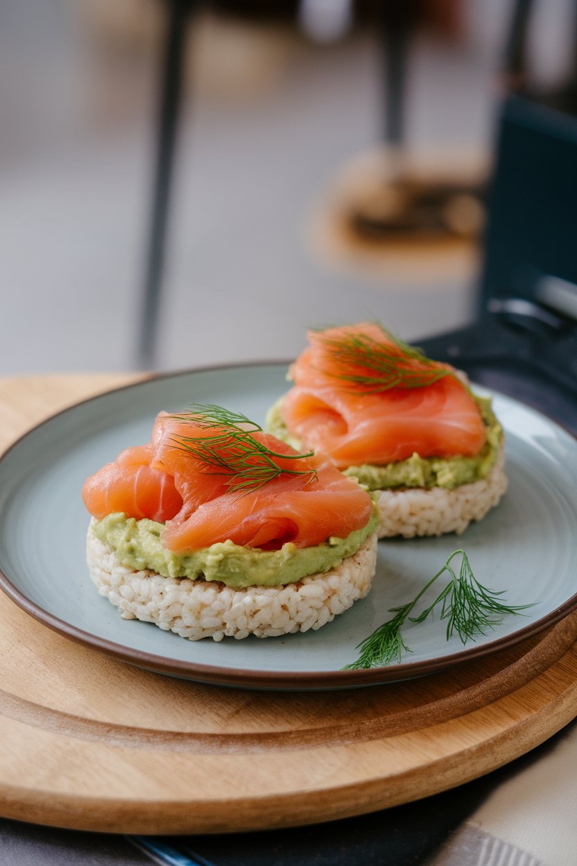 An indoor plate with two rice cakes spread with mashed avocado and topped with slices of cooked smoked salmon, garnished with dill. No text or logos visible. Photo, not illustration.