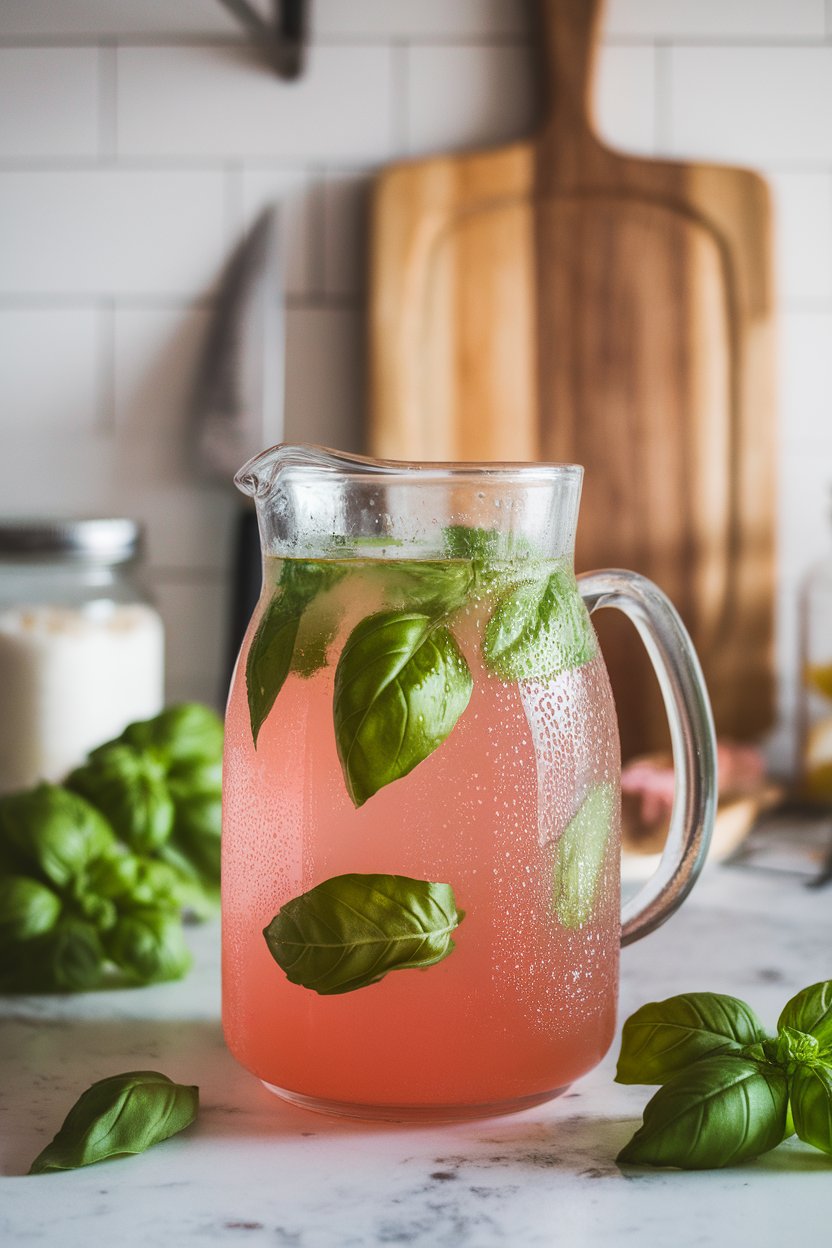 Indoor kitchen island featuring a pitcher of pink lemonade dotted with basil leaves, condensation on glass, no text or logos.