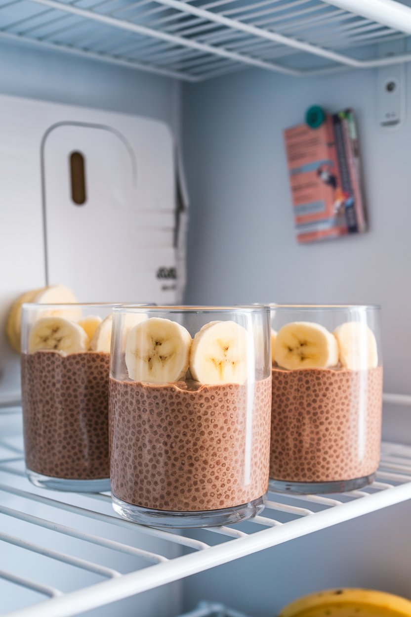 Indoor photo of small glasses layered with chocolate chia pudding and banana slices on a refrigerator shelf. No text or logos.