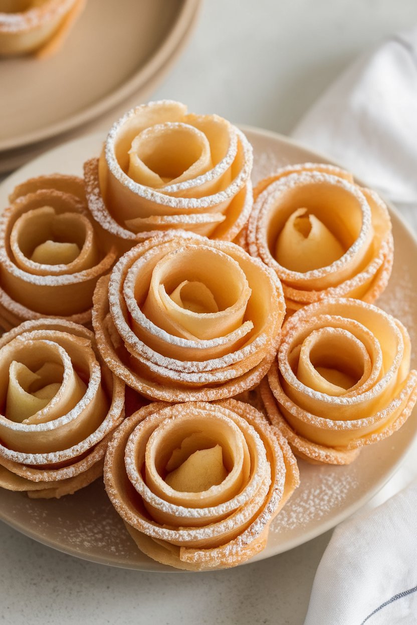 Indoor photo of puff pastry roses made from thin apple slices arranged in spirals, lightly dusted with powdered sugar, no text or logos
