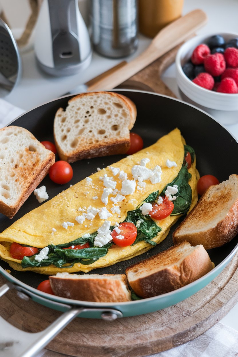 Indoor breakfast pan containing a folded omelet packed with spinach, cherry tomatoes, and crumbled feta cheese. No text or logos in frame.