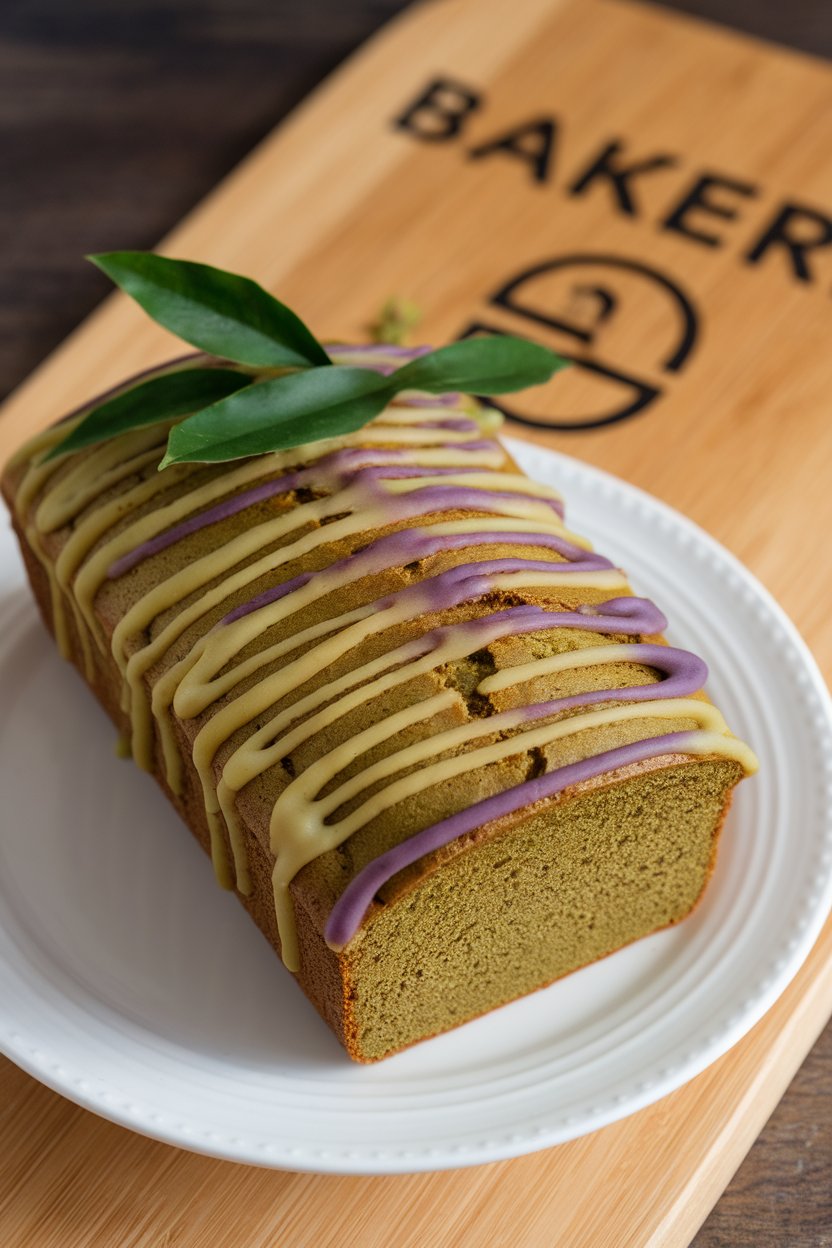Photo indoors of a green tea loaf with purple-gold icing drizzle; no text or logos.