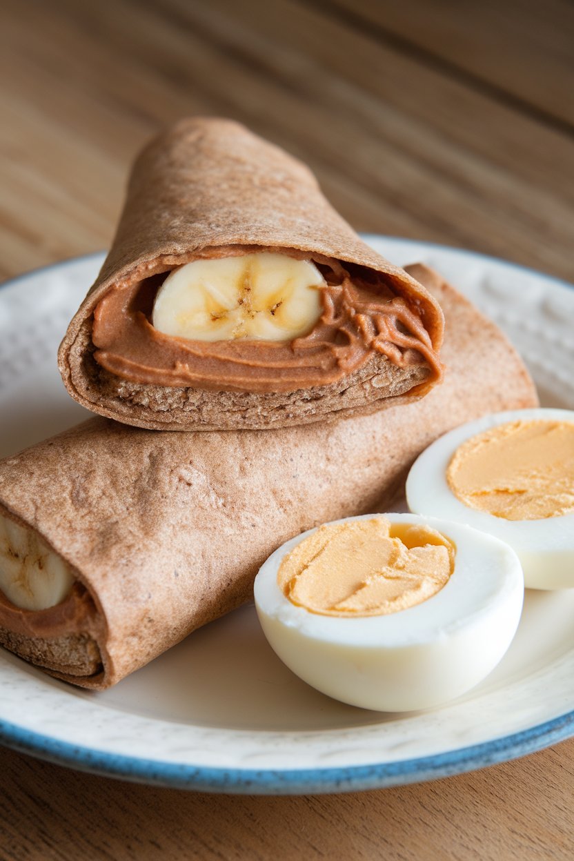 An indoor breakfast plate showcasing a whole-grain tortilla rolled around a banana and almond butter, sliced in half to reveal the filling. No text or logos present. Photo, not illustration.