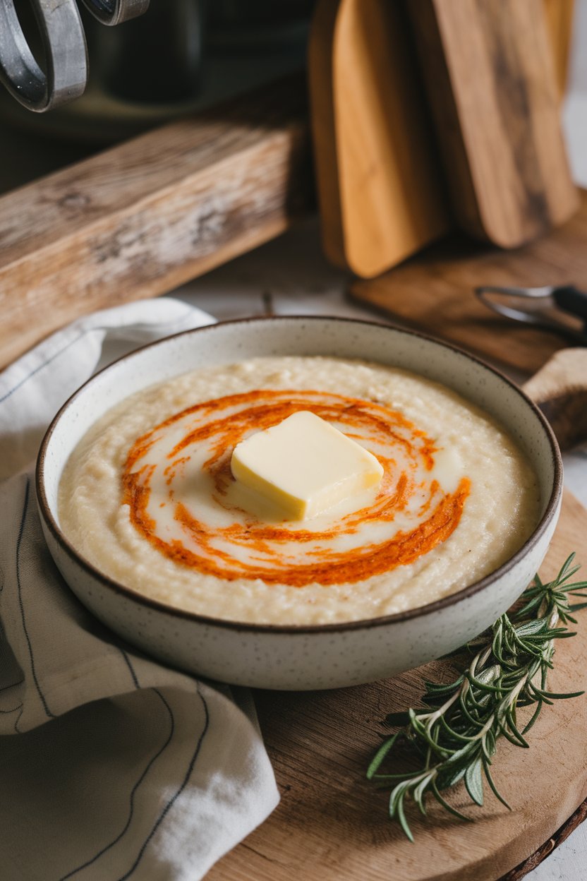 Indoor bowl of creamy stone-ground grits swirled with melted smoked gouda cheese, pat of butter on top. Photo, no text or logos.