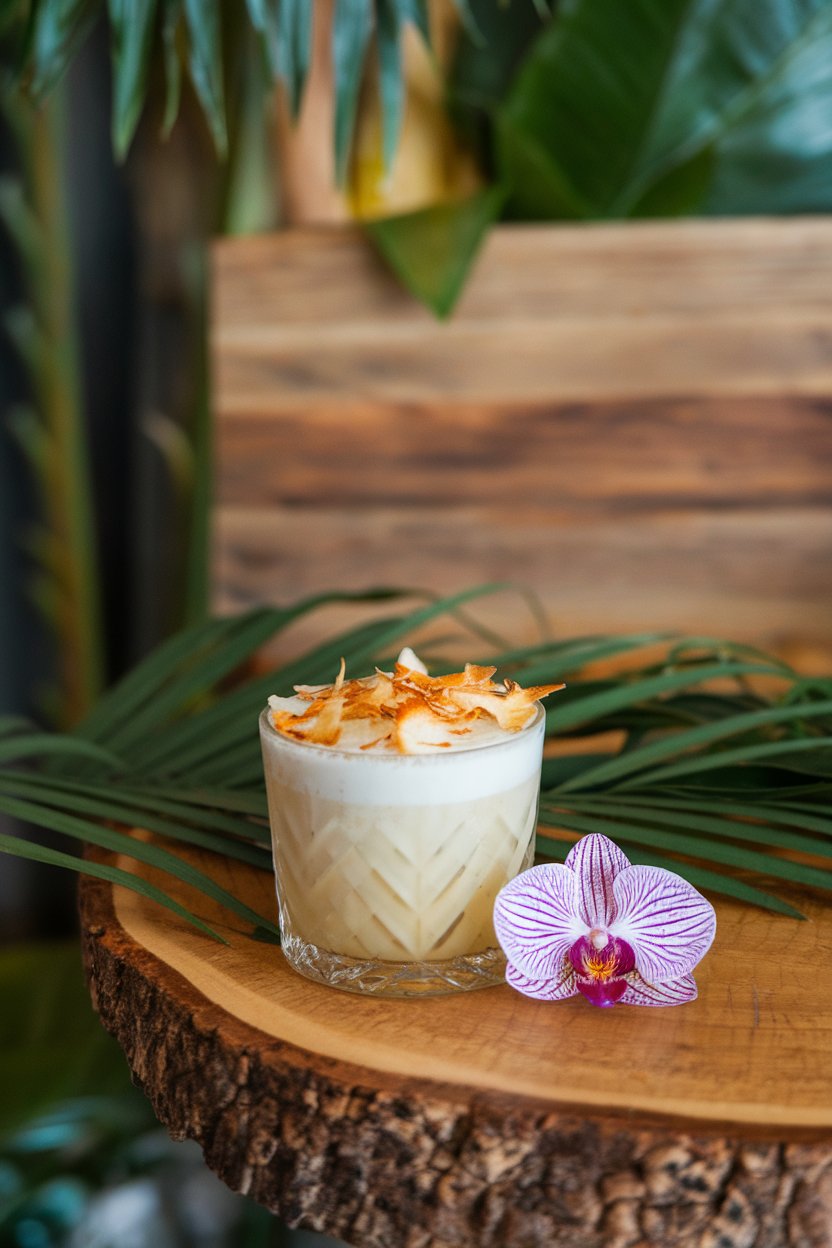 Indoor tropical bar with a short rocks glass of ivory creamy drink, toasted coconut flakes on top, small purple orchid, no text or logos, photo