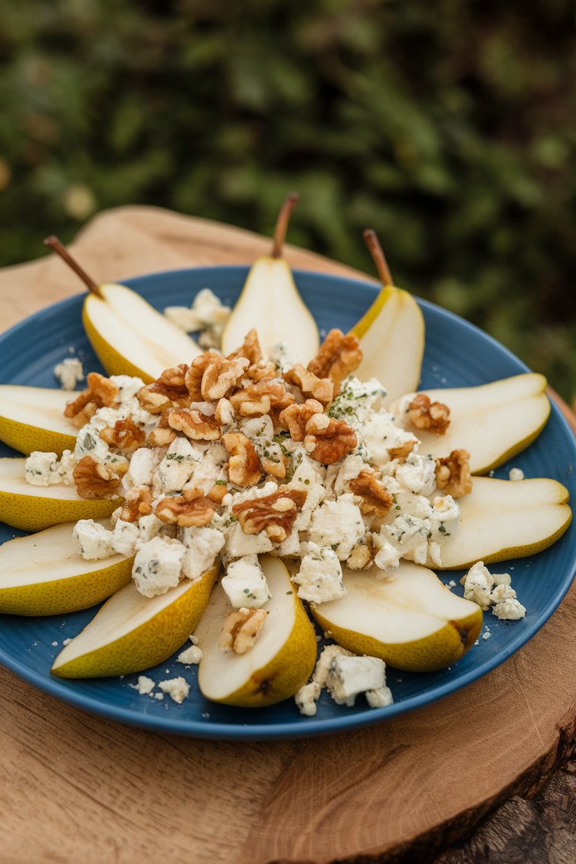 Indoor plate of pear slices topped with crumbled gorgonzola and chopped walnuts, no text or logos