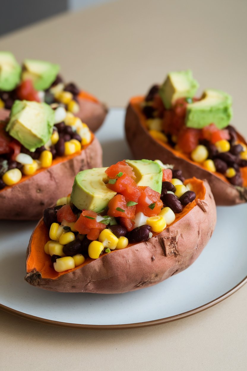 An indoor plate with halved sweet potatoes stuffed with black beans, corn, and salsa, avocado cubes on top. No text or logos.