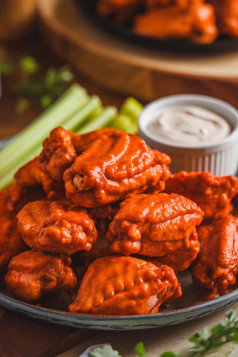 Indoor close-up of a platter piled high with saucy cooked chicken wings, glistening orange buffalo sauce, celery sticks, and a ramekin of ranch on the side. Warm, even lighting. No text or logos anywhere.