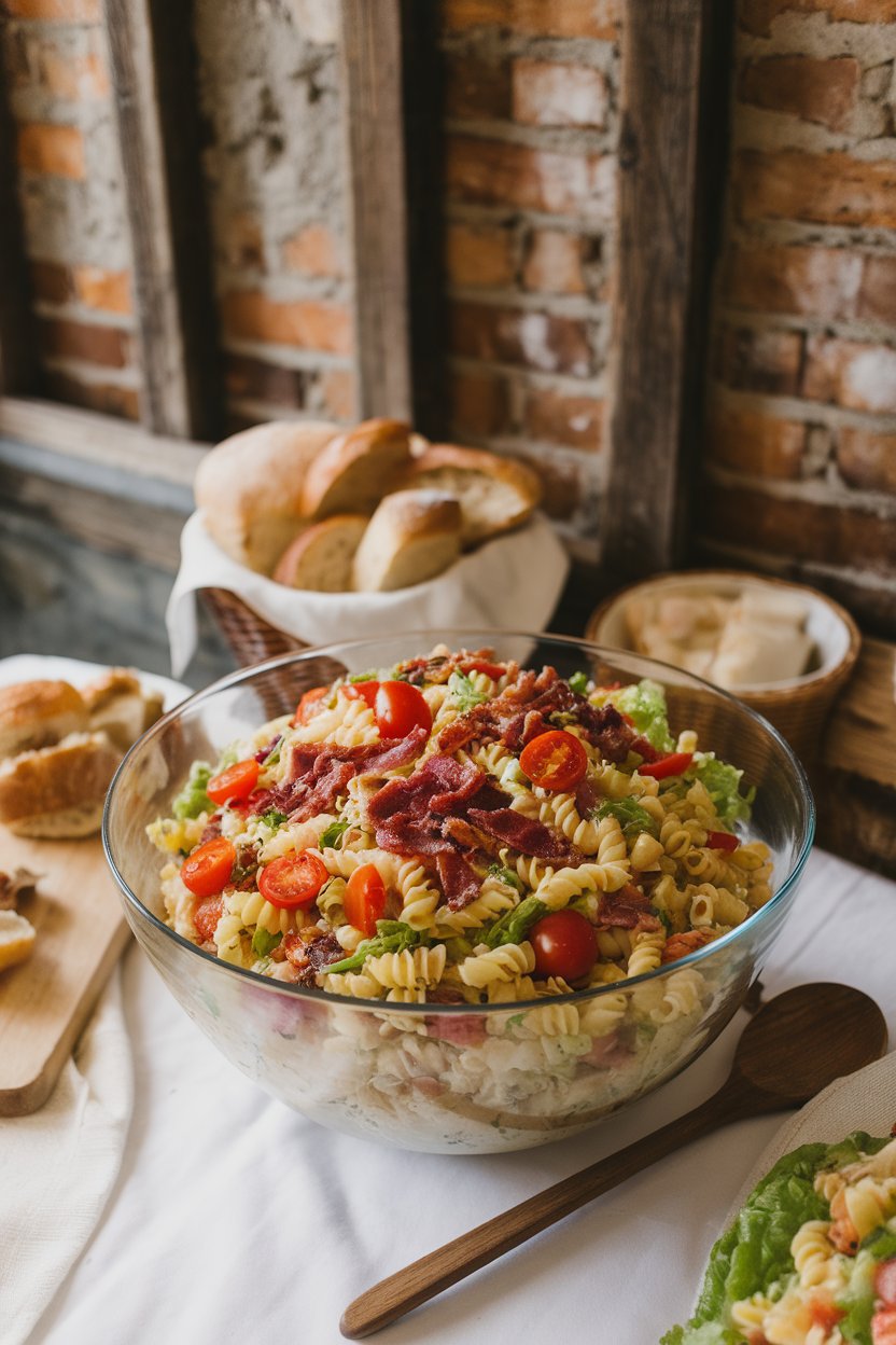 Indoor picnic-style setting featuring a large mixing bowl of pasta salad dotted with bacon bits, halved cherry tomatoes, and shredded lettuce. No text or logos.