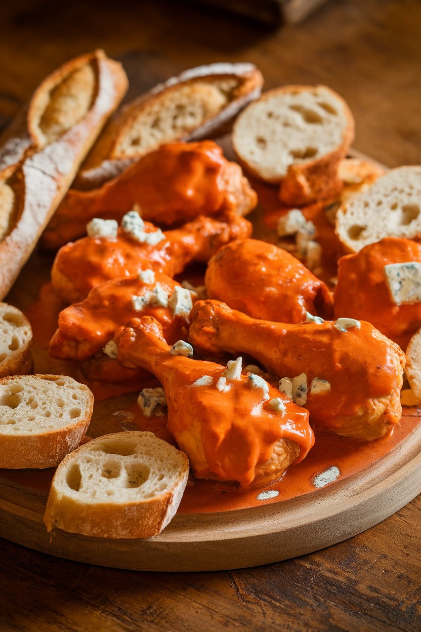 An indoor platter of baked chicken drumsticks coated in buffalo sauce, sprinkled with blue cheese; no text or logos.