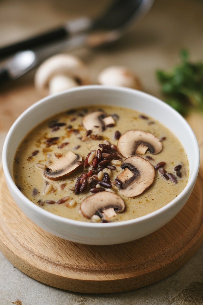 Indoor photo of a creamy soup showcasing sliced mushrooms and wild rice grains in an earthy broth; no text or logos.