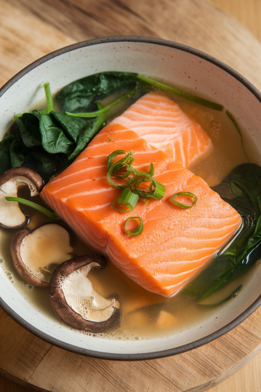Indoor photo of salmon fillets in a shallow bowl of light miso broth with baby spinach and shiitake mushrooms, garnished with scallions. No text or logos.