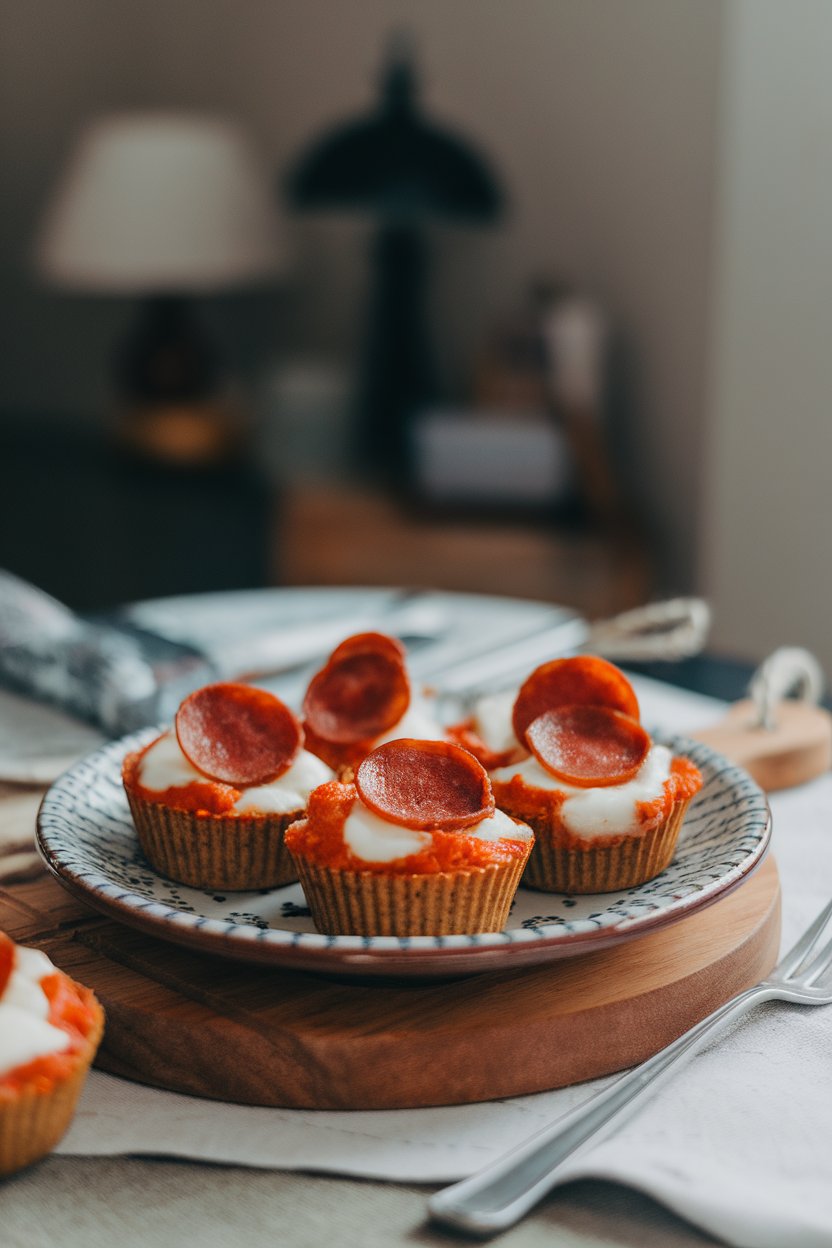 A ceramic plate on an indoor table holding mini muffin-sized pizza bites topped with pepperoni coins and melted mozzarella; soft indoor lighting, no branding.