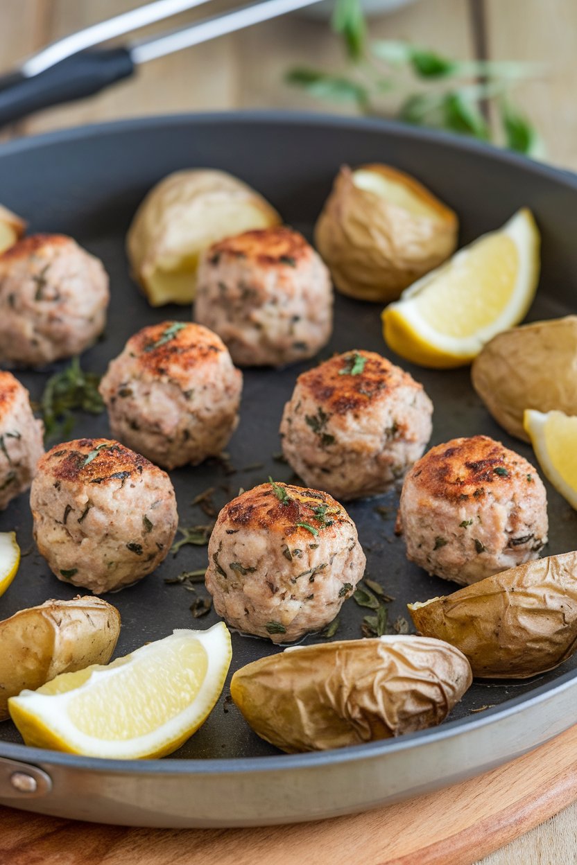 Indoor photo of small turkey meatballs sprinkled with oregano, roasted fingerling potatoes alongside, lemon wedges scattered on pan. No text or logos.