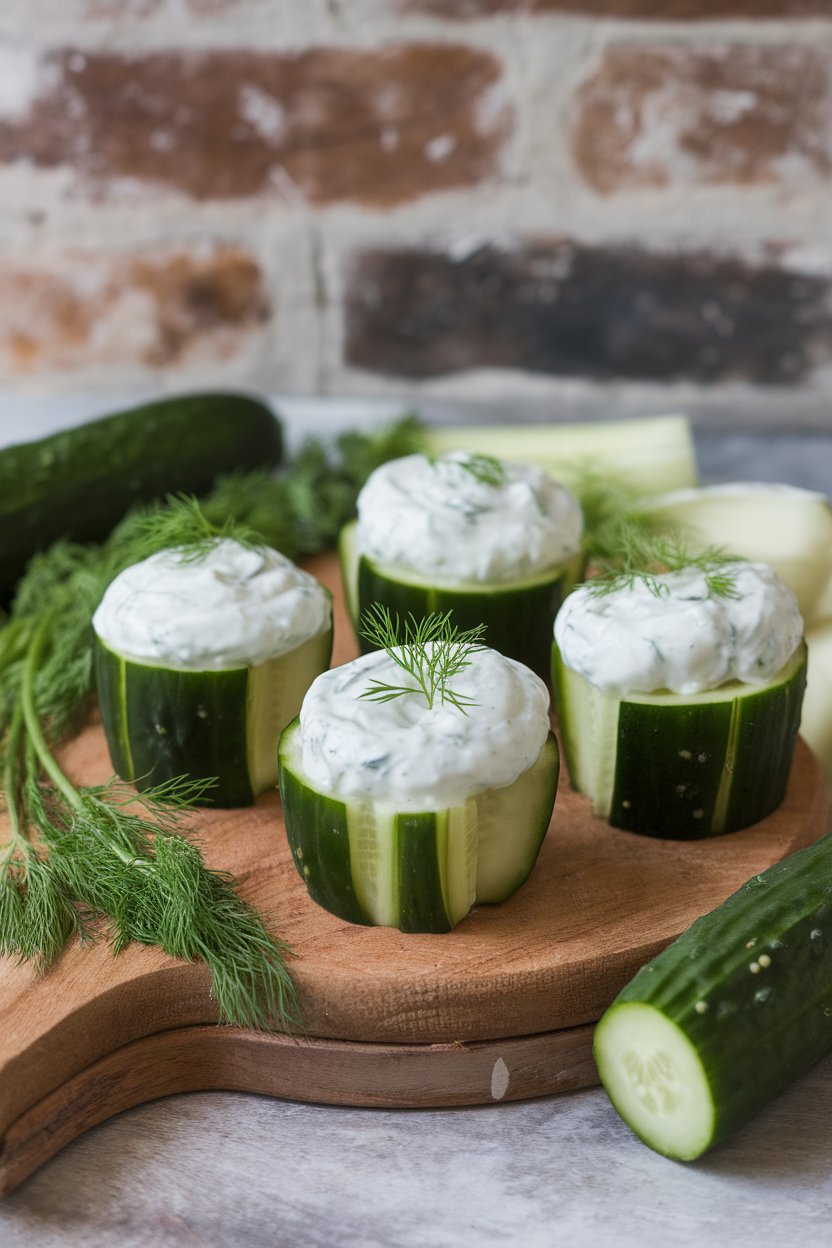 Indoor shot of cucumber cups filled with creamy tzatziki, sprinkled with dill, no text or logos