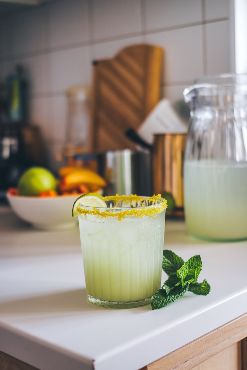 Indoor kitchen counter displaying a glass of light green honeydew drink, lime zest on rim. No text or logos.