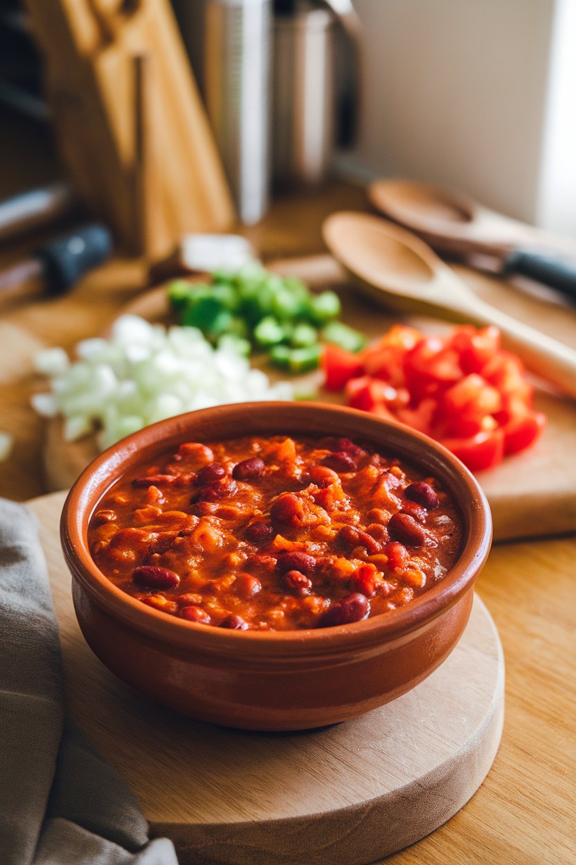 An indoor kitchen island with a clay bowl of chorizo and red bean chili, glistening with paprika-tinted oil. No text or logos anywhere.