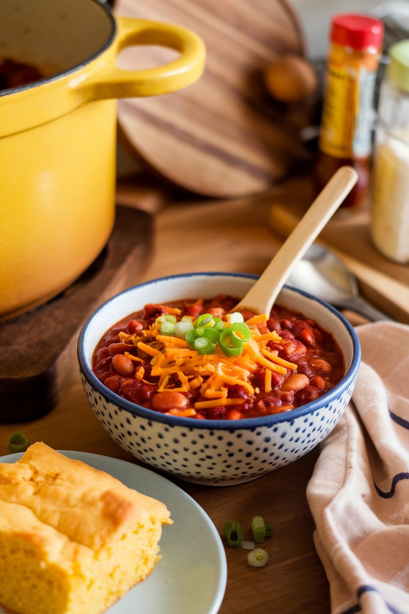 Cozy indoor kitchen scene with a bowl of thick three-bean chili topped with shredded cheese and green onions. No text or logos. Photo, not illustration.