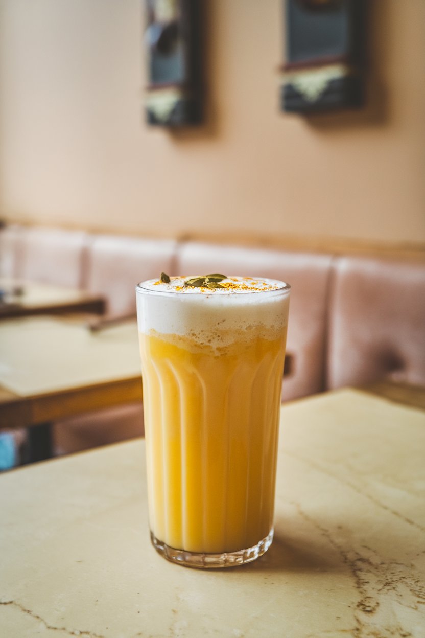 Indoor restaurant-style table with a chilled tall glass of creamy mango lassi, sprinkled cardamom on foam, no logos present.